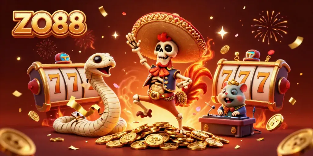 Experience ZO88 excitement with a vibrant 3D scene featuring animated casino characters celebrating on golden coins.