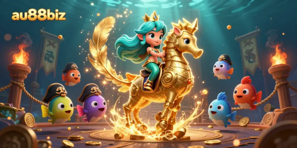 Engage with au88biz's vibrant underwater casino world featuring a mermaid and seahorse.
