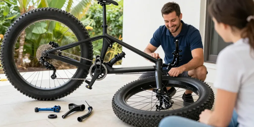 Fatbike reparatie door een professionele monteur aan huis met gereedschap en onderdelen zichtbaar.