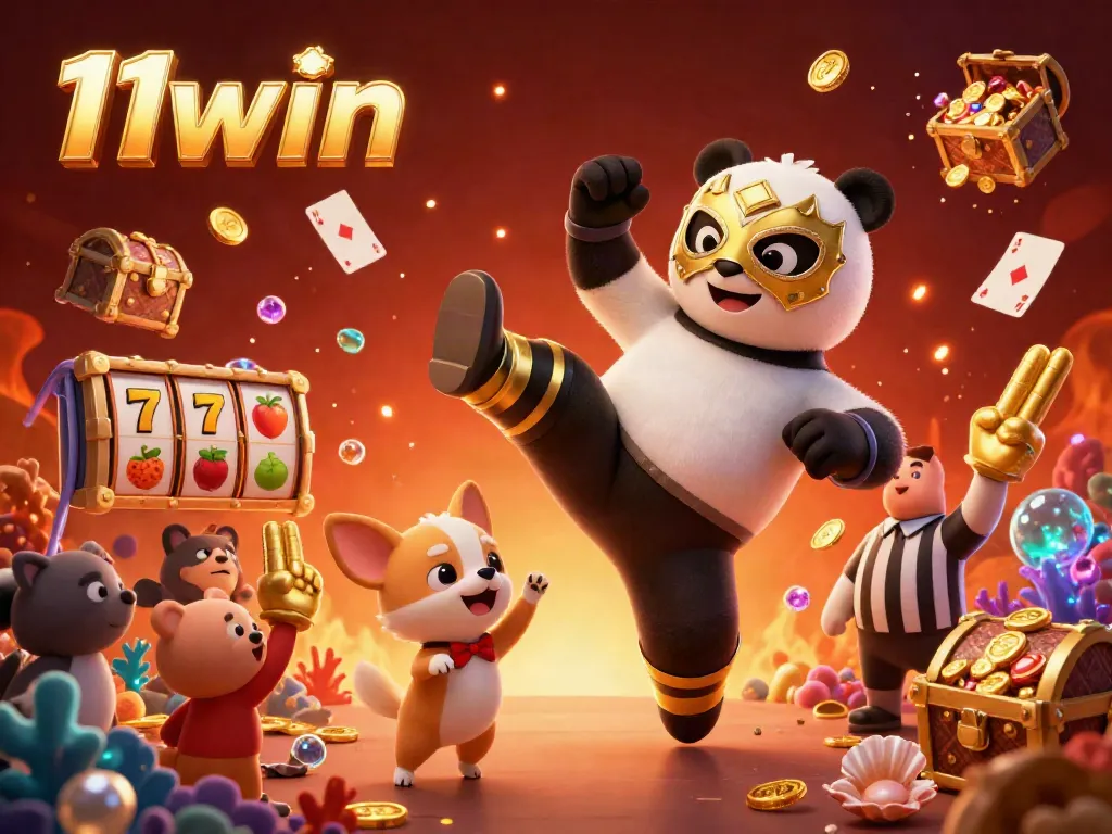 Experience the thrill of 11win gaming with a panda wrestler and animal crowd in a vibrant casino scene.