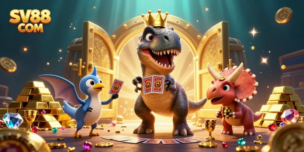 Engaging scene of SV88 COM characters playing cards and stacking chips in a vibrant 3D casino environment.