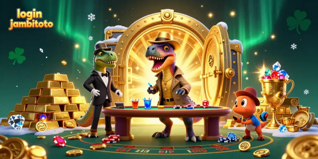 Play and win with JambiToto, a dynamic gaming scene featuring cartoon dinosaurs at a casino.