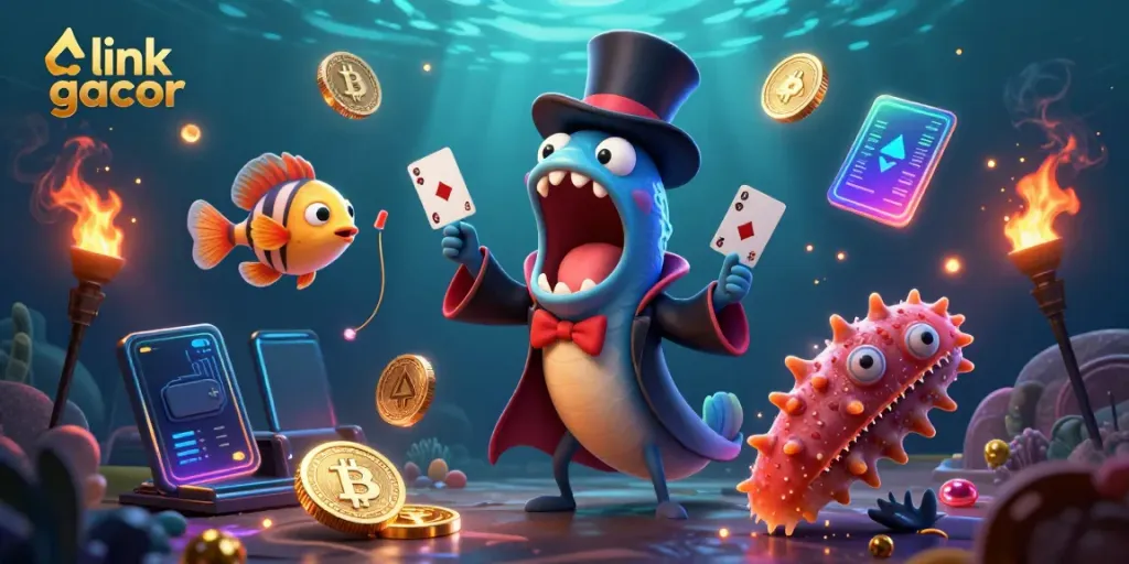 Experience thrilling gameplay with link gacor in a vibrant underwater casino scene featuring animated creatures and crypto elements.