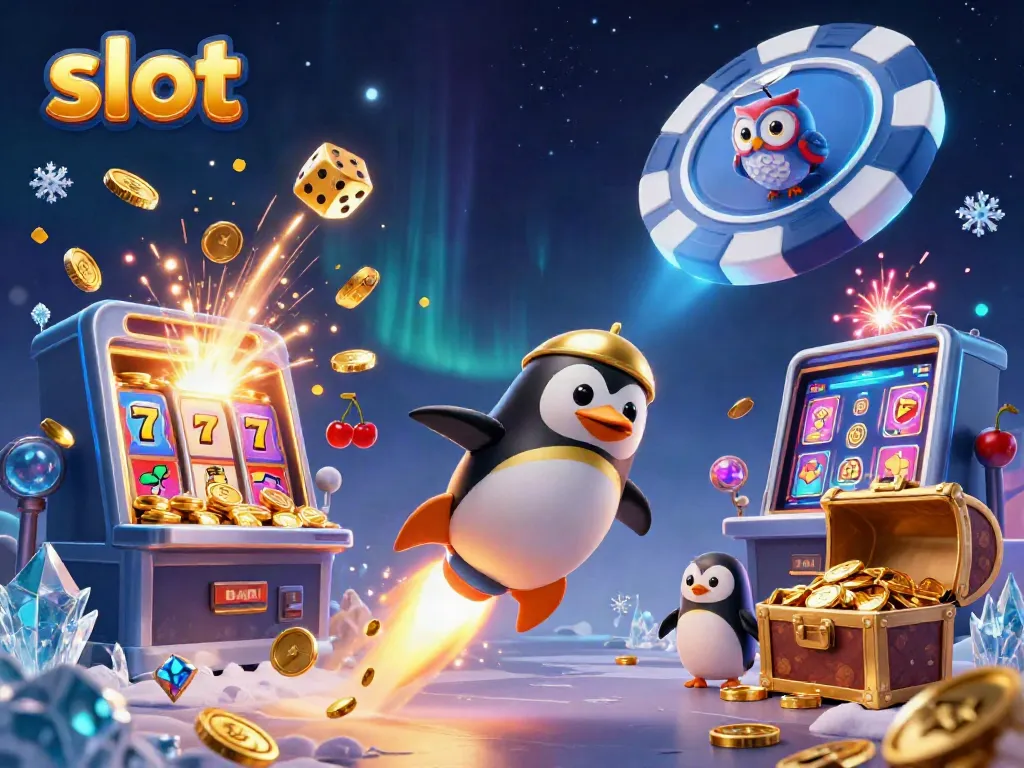 Experience thrilling slot gameplay adventure with a golden penguin and jackpot festivities.