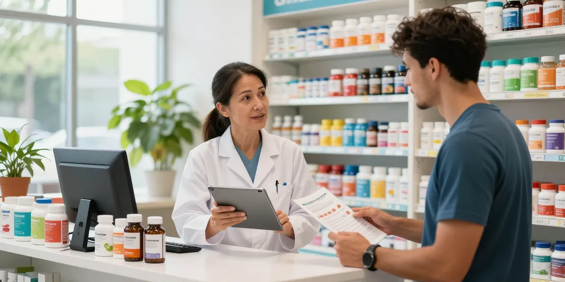 Interactie in de Unique Pharma Shop met een apotheker die gezondheidsproducten aanbeveelt aan een klant.