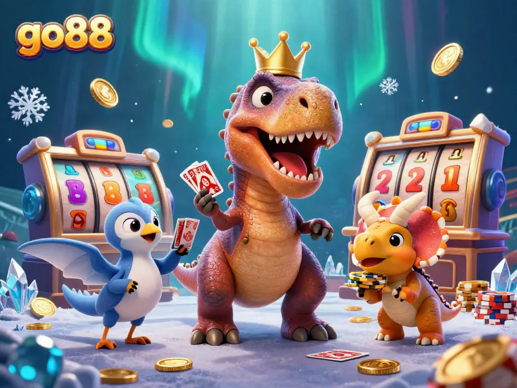 Engage with go88's exciting online gaming scene featuring diverse slot games, illustrated by a T-Rex dealing cards and friends stacking chips.