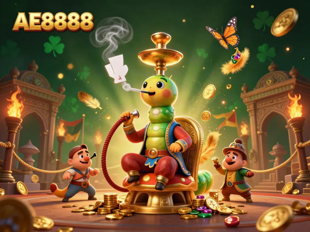 A thrilling AE8888 scene with a caterpillar casino master and poker motifs, immersing players in a rich gambling environment.