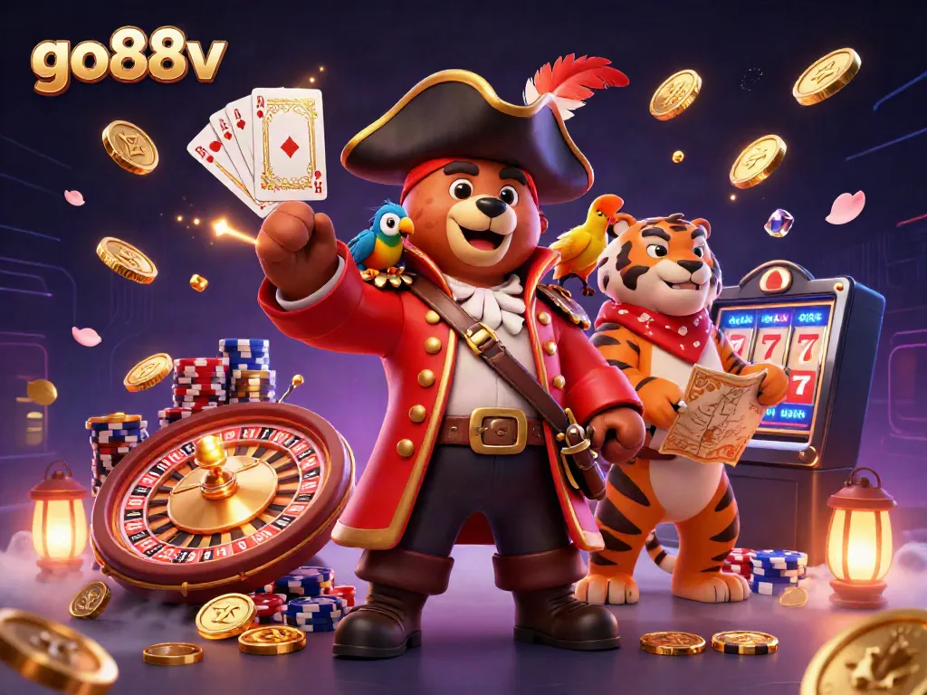 Join the fun with go88v as a pirate bear reveals treasures in this vibrant casino scene.
