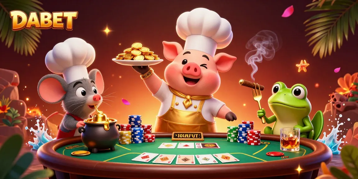 DABET showcases a vibrant 3D casino scene with characters serving gold coins and highlighting poker elements.