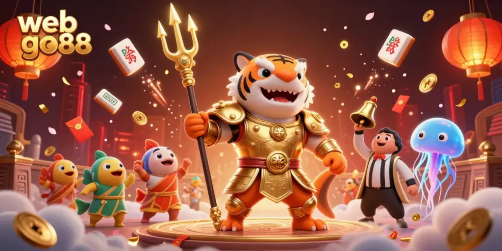 Experience the vibrant action at web go88, where a shark in gladiator armor engages in thrilling underwater gaming with festive elements.