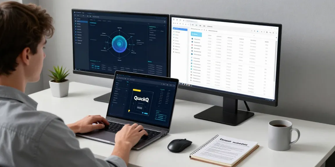 使用quickq电脑版的用户在现代办公室中专注工作，显示安全软件界面，营造专业氛围。