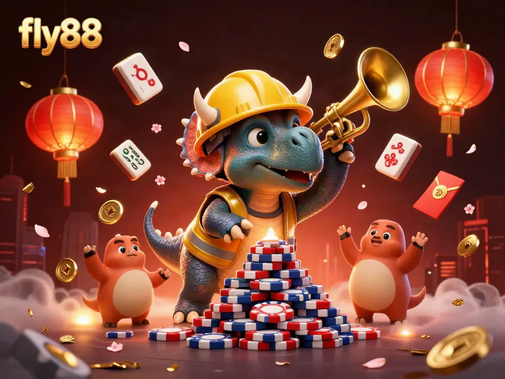 Experience fly88's vibrant online casino world with a triceratops celebrating a poker chip pyramid.