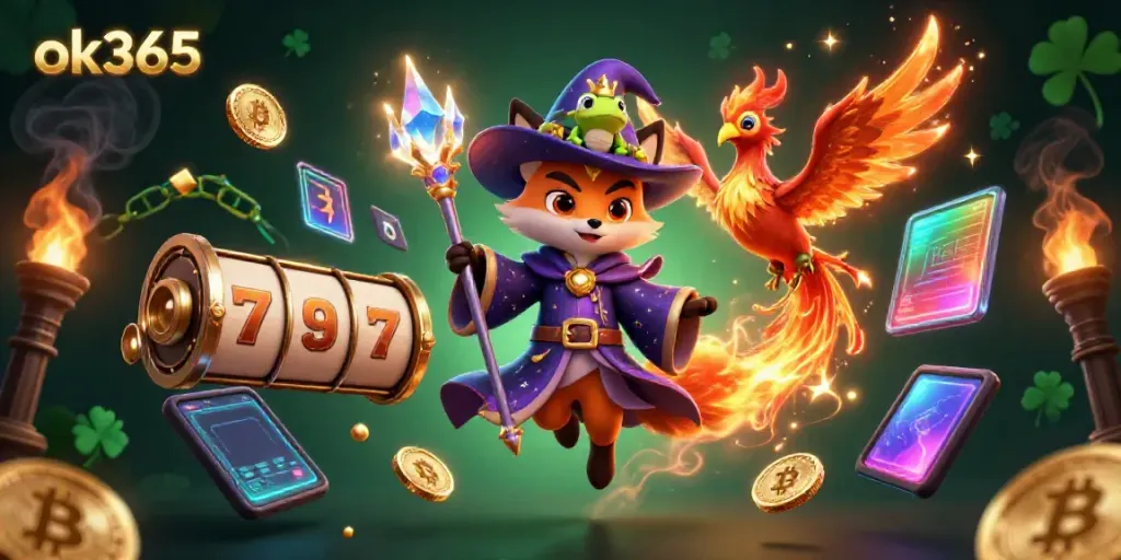 Play slots and win big with OK365 in a vibrant 3D illustration featuring a wizard fox and exciting game elements.