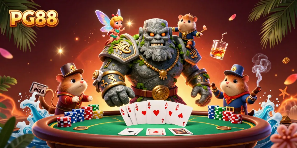 Engage with PG88 in a vibrant 3D casino scene featuring dynamic characters and rich gaming elements.