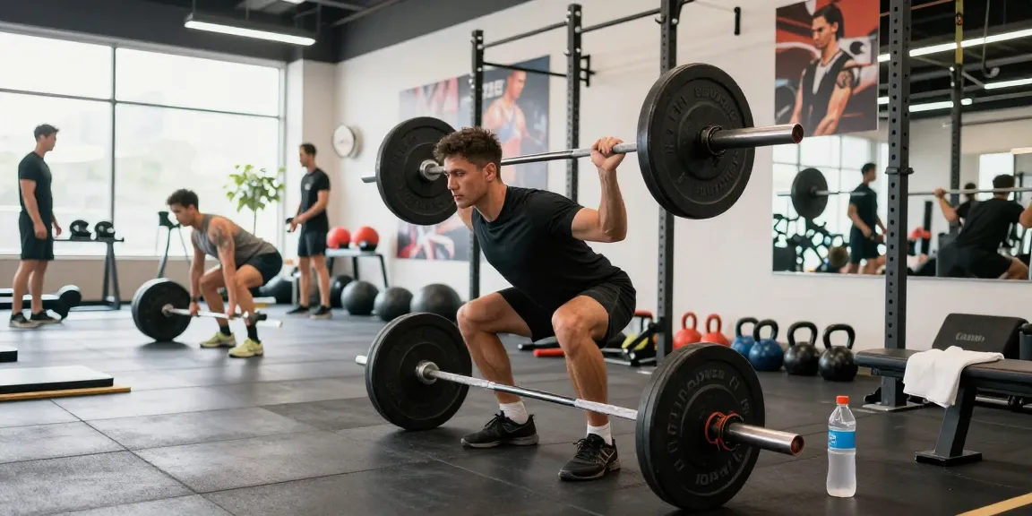 Prime Pharma Steroids gebruiker in de sportschool tijdens deadlift, energieke training.