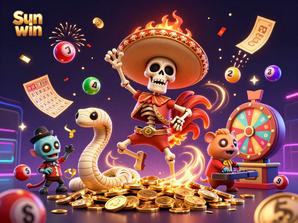 Engage in thrilling Sun win activities with vibrant characters celebrating amid colorful elements.