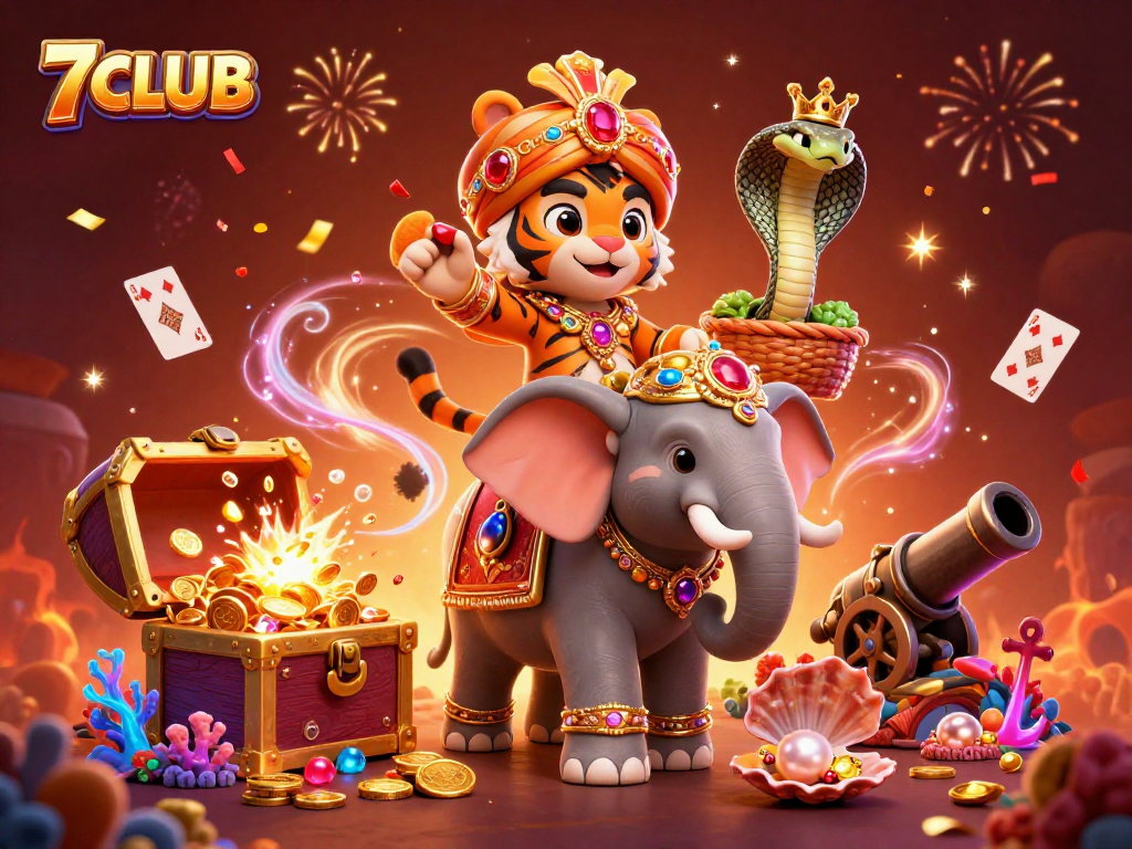A 3D scene of the 7CLUB maharaja tiger with a jewel-encrusted elephant and cobra amidst gold coins and casino elements.