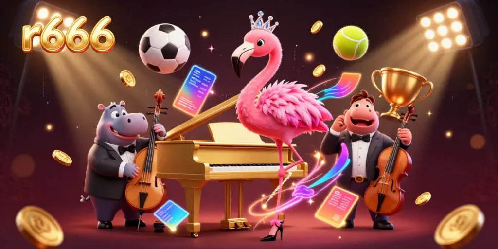Awaken your fortune with r666 at this vibrant casino singer scene filled with sports elements and excitement.