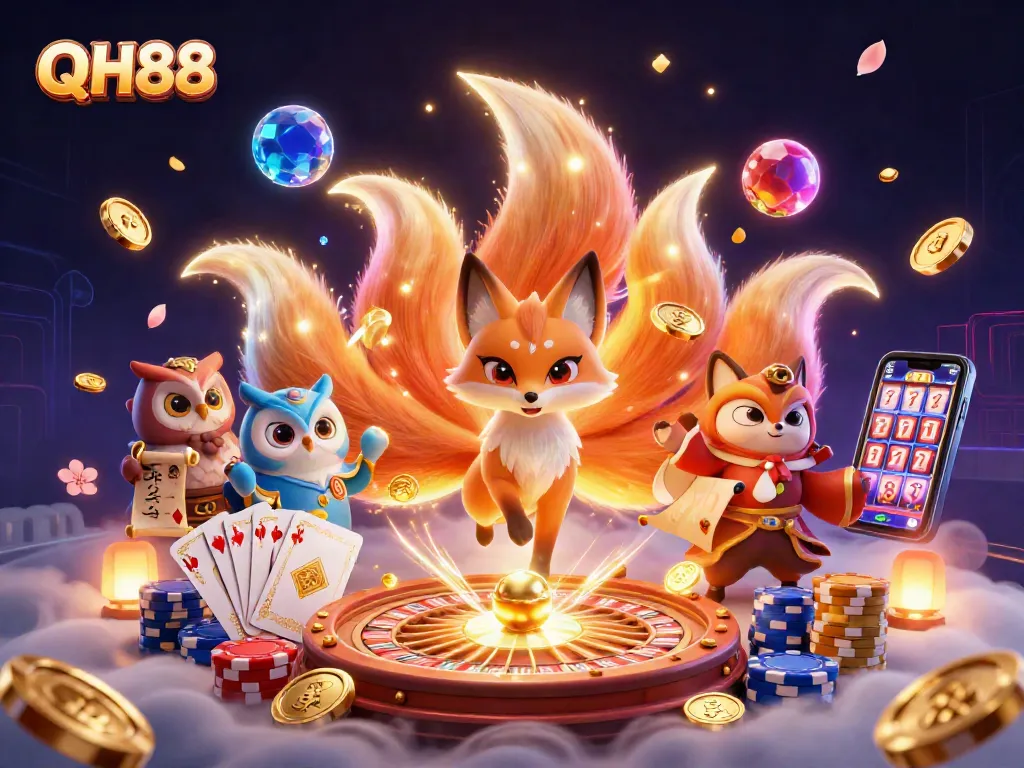 Engage in thrilling gaming excitement with QH88's vibrant casino illustration featuring enchanting characters.