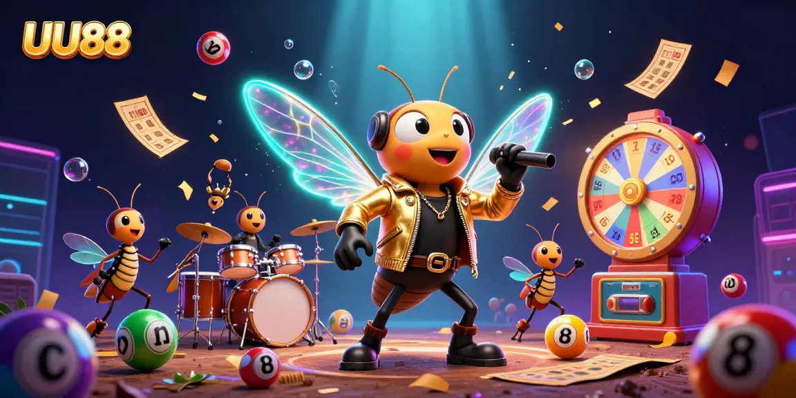 UU88 draws excitement with a dynamic scene of crickets and a cicada rock star amid vibrant lottery elements.
