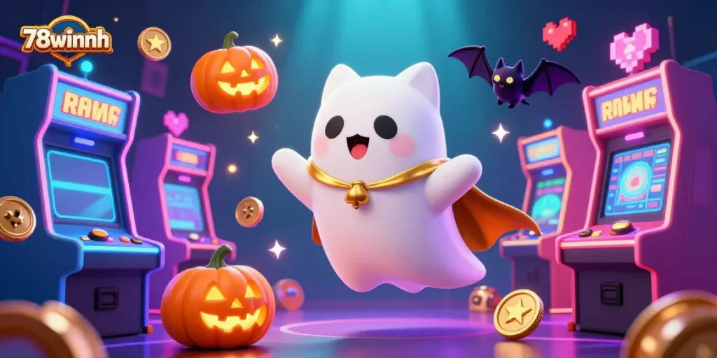 Experience the thrilling charm of 78winnh with a ghost cat floating in a vibrant casino, surrounded by glowing slot machines.