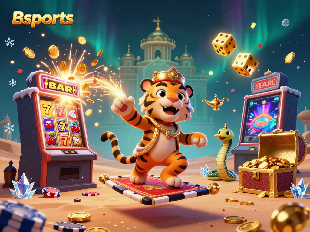 Experience exciting games at Bsports with a vibrant 3D casino scene featuring a tiger sultan.