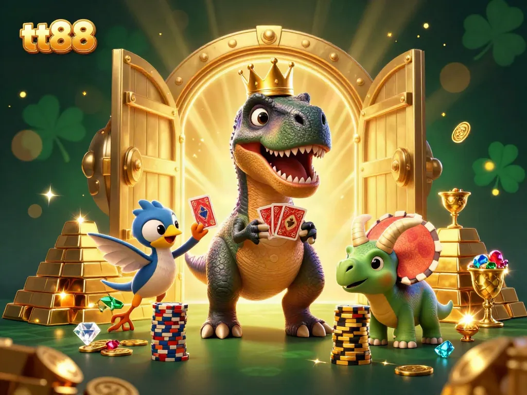 Experience the thrilling excitement of tt88 with a playful dino-themed casino scene featuring games and treasures.