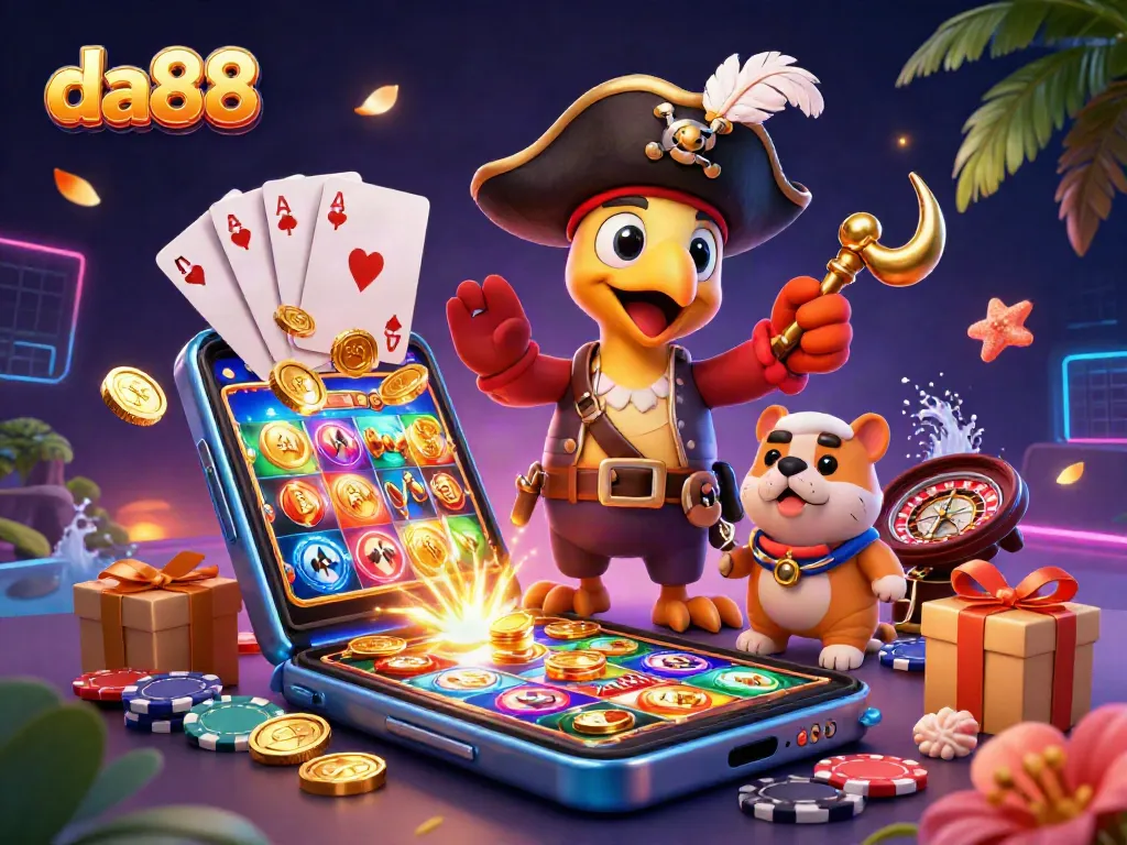 da88 pirates explore exciting slot games with colorful reels, gold coins, and dynamic cards