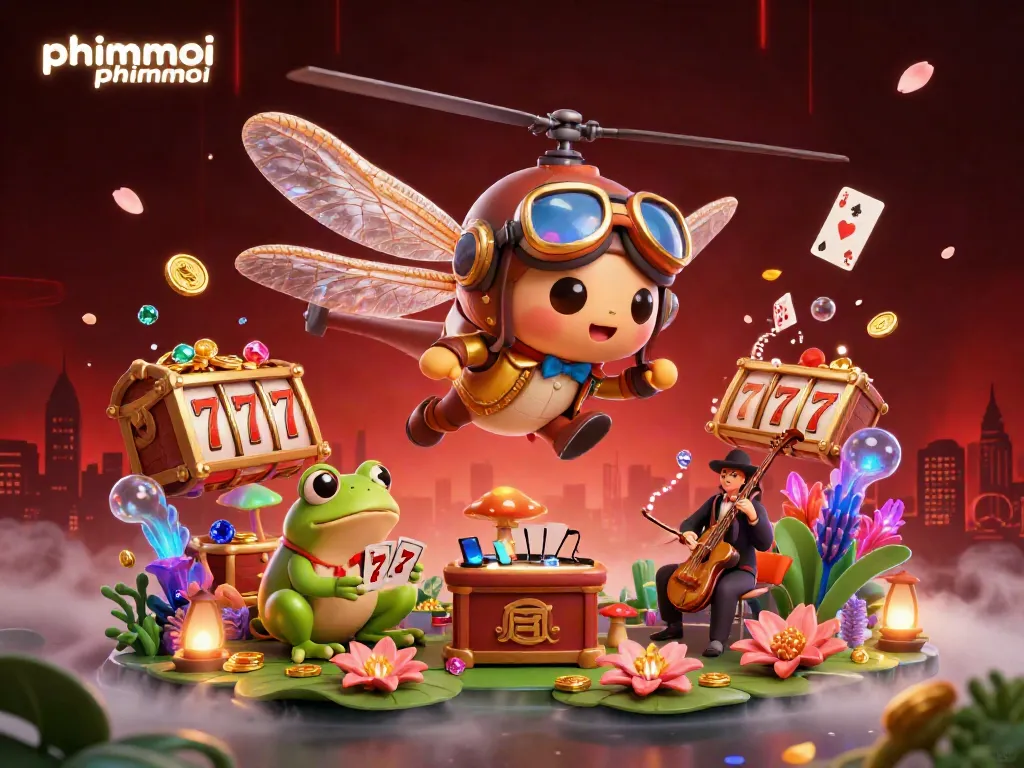 Engaging scene of phimmoi phimmoi in a vibrant lily pad casino with 3D dragonfly and frog croupier.