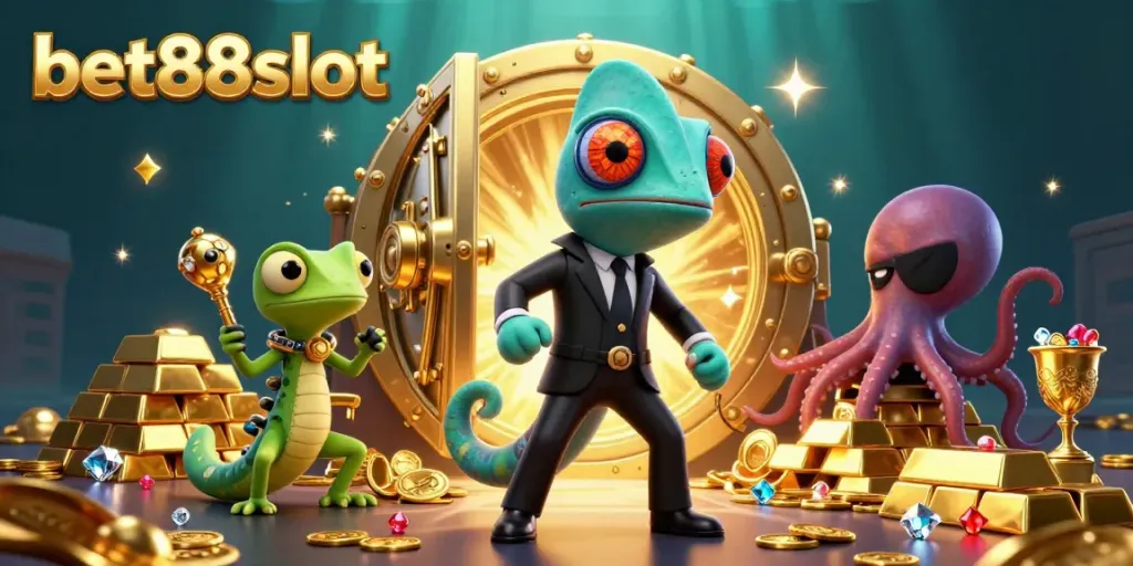 Engage in thrilling gameplay at bet88slot with a vibrant animated scene of casino treasures and characters.