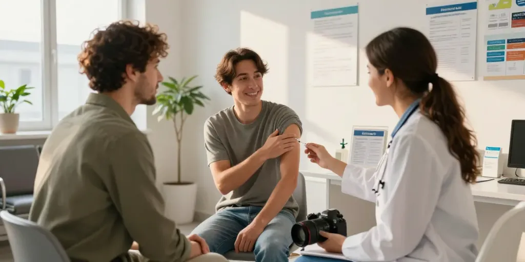 Consultatie over shingrix vaccinatie in een gezondheidskliniek met vriendelijke zorgprofessional.