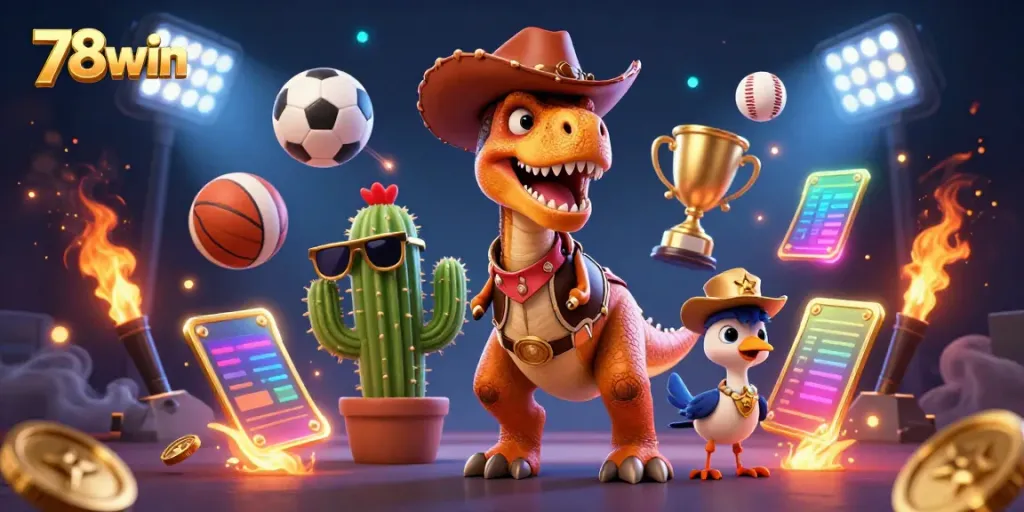 Engage with thrilling games at 78win, featuring dynamic sports elements like flying balls, a trophy, and vibrant characters.