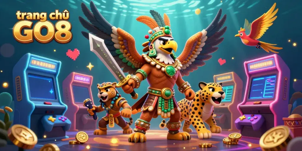 Engage with exciting games at trang chủ GO8, featuring dynamic 3D characters and vibrant casino elements.