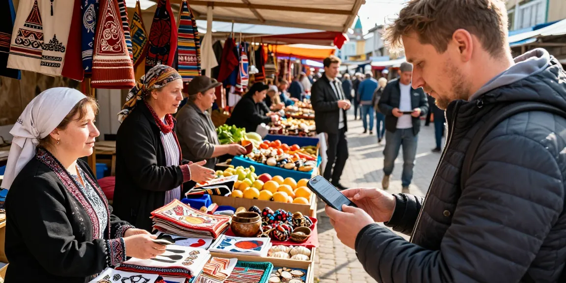 Betalingen in Rusland met https://payinrussia.com/ in een levendige markt met lokale verkopers.
