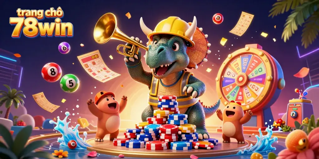 Experience the excitement of trang chủ 78win with a dynamic casino scene featuring a triceratops and celebratory elements.