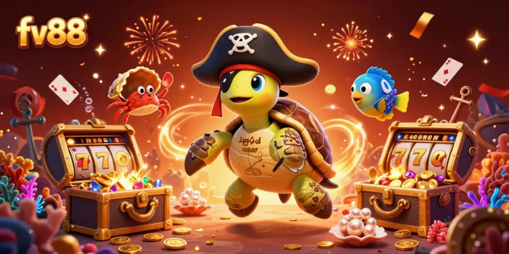 fv88 showcases a pirate turtle with slot game treasures in a vibrant underwater scene.