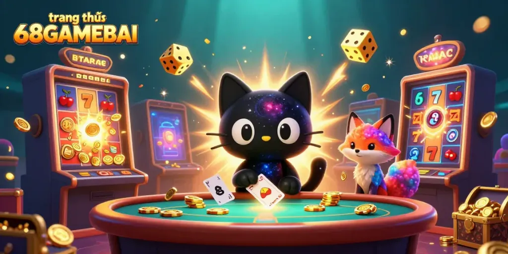 Engaging cosmic casino scene featuring trang chủ 68GAMEBAI, with vibrant character interactions and exciting gaming elements.