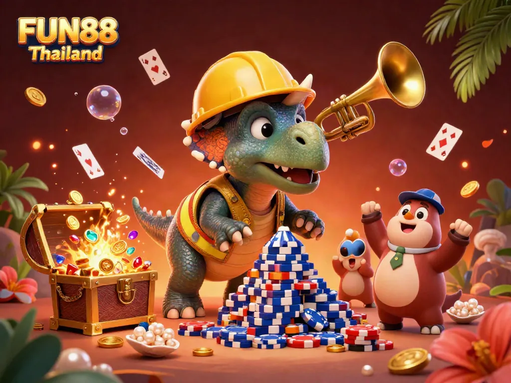 Engage with FUN88 Thailand's captivating 3D casino scene featuring a cheerful dinosaur duo and vibrant gaming elements.