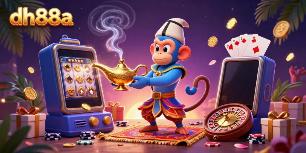 Engage with dh88a's thrilling slot games, featuring a genie and magic carpet in a vibrant casino scene.