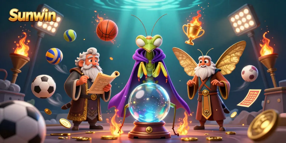 Bet on Sunwin with vibrant graphics showcasing a cartoon fortune teller and moth librarian amidst flying sports elements.