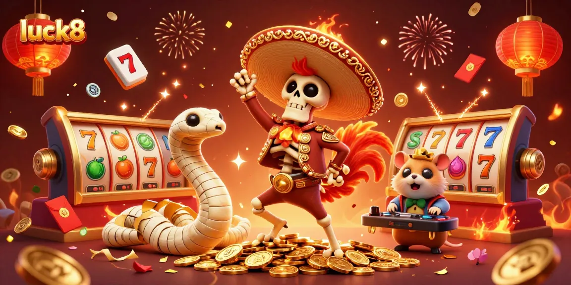 Experience the excitement of luck8 with a vibrant celebration including animated characters and spinning slot reels.