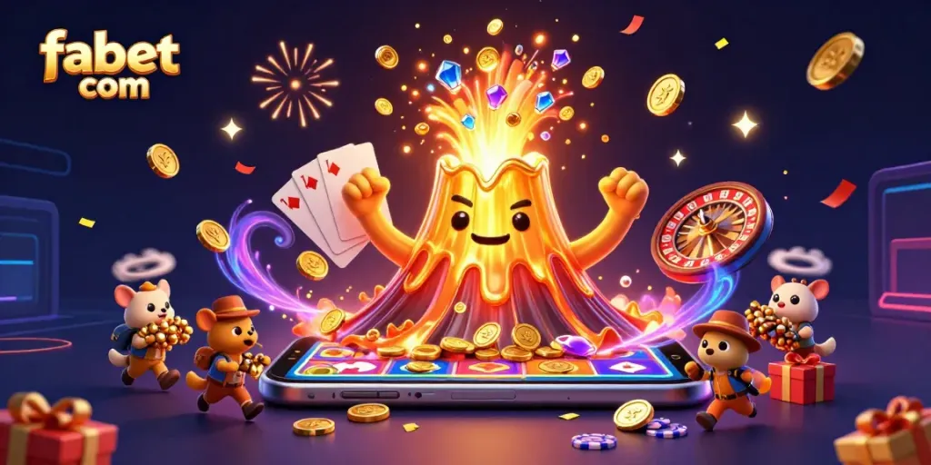 Engage with the vibrant gaming scene at fabet com featuring a volcanic treasure eruption and dynamic casino elements.