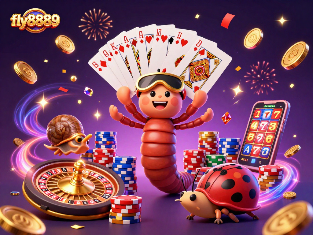 Experience the thrilling world of fly8889 with vibrant illustrations of a millipede dealer and exciting casino action!