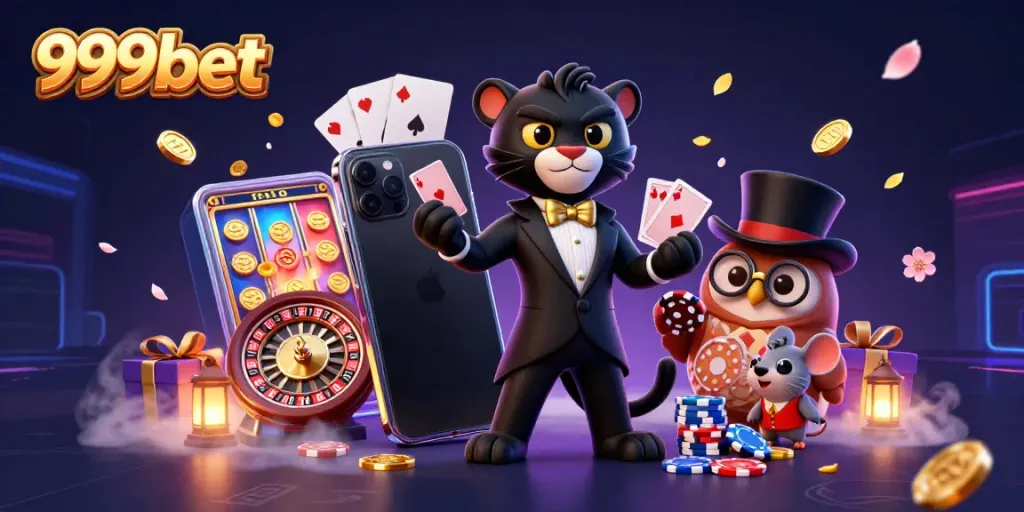 Experience thrilling action with 999bet as a stylish panther deals cards at an elegant casino scene.