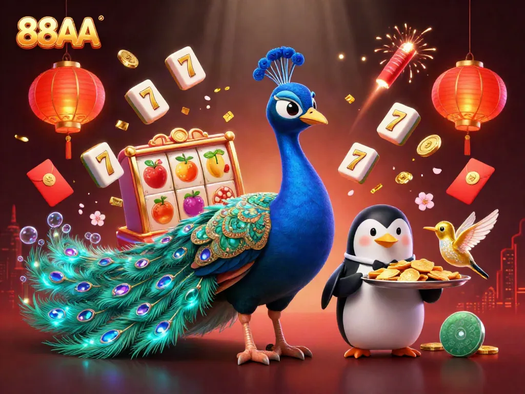 Engage in thrilling slots action at 88AA featuring gemstone peacock and golden chips.