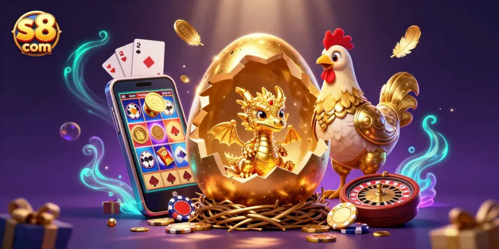 Engage with s8 com through vibrant slots and gaming elements in a magical casino-themed scene.