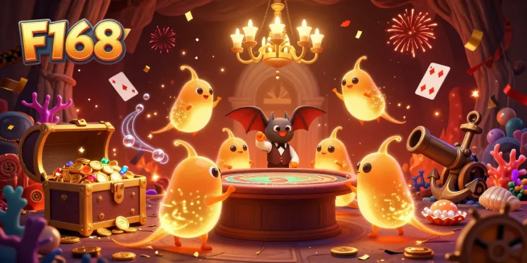 Experience the vibrant excitement of F168's cave casino with glowworms lighting the scene while treasures explode.