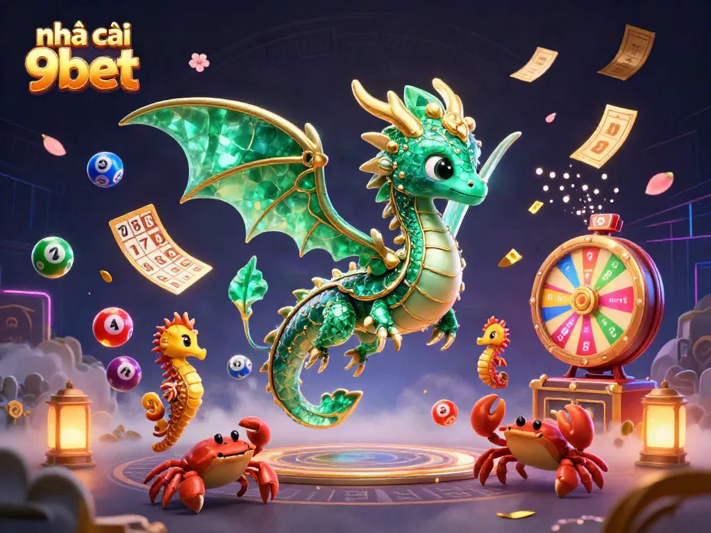 Experience the thrill of nhà cái 9bet with vibrant illustrations showcasing a treasure-seeking sea dragon and lottery excitement.
