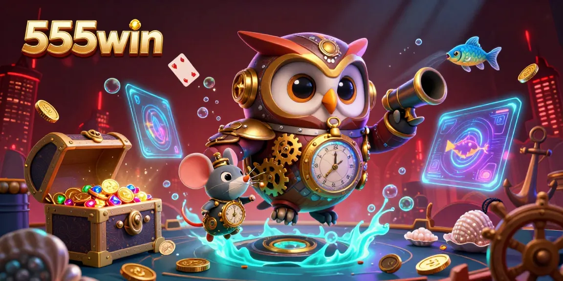 Experience thrilling 555win casino adventures with vibrant visuals of a time-traveling owl and casino elements.