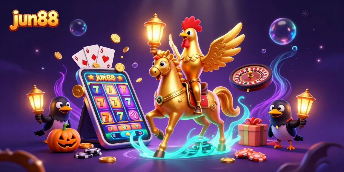 Engage in fun and thrilling games at jun88 featuring vibrant illustrations of a golden rooster in a casino.